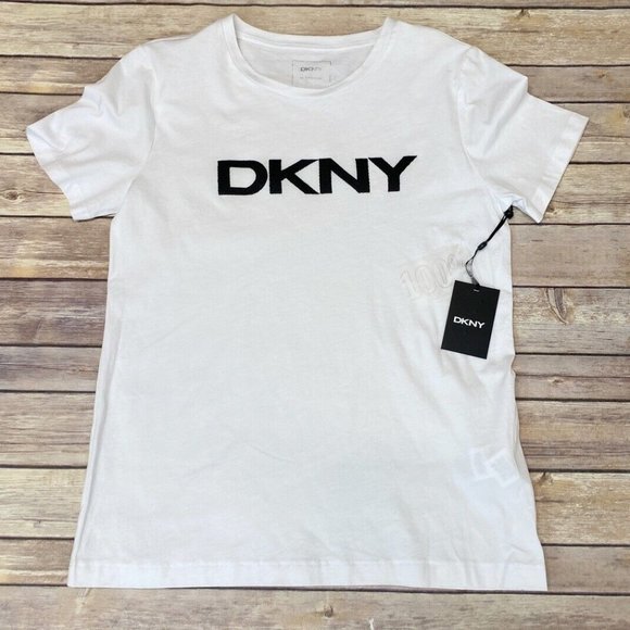 DKNY Women's White Short Sleeve Crew Neck Logo T-Shirt Top Size M